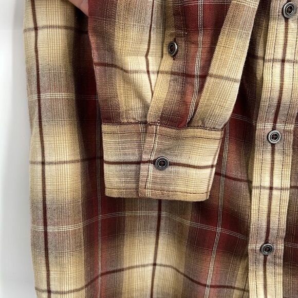 PRANA MEN'S RED BROWN GOLD CREAM PLAID WOVEN SHIRT - Picture 4 of 9